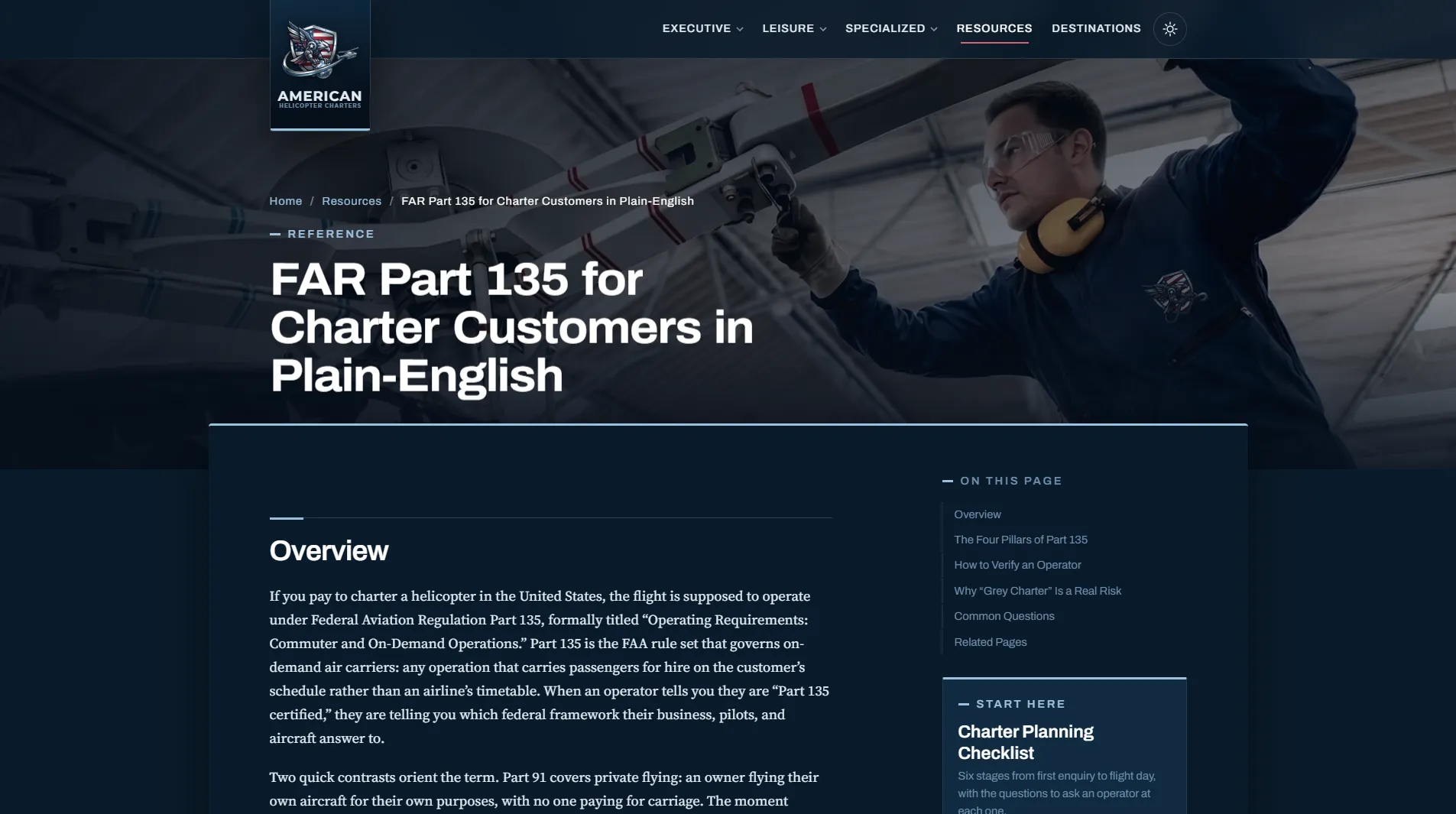 American Helicopter Charters Part 135 guide, dark mode: A first-party theme switch carries the same hierarchy into a low-light reading mode without splitting the content system