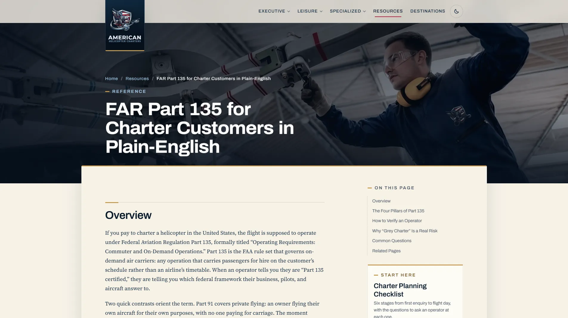 American Helicopter Charters Part 135 guide, light mode: The long-form template keeps dense regulatory guidance readable with a stable article column and a persistent contents rail