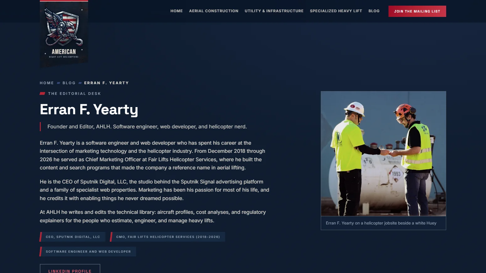 American Heavy Lift Helicopters Editorial desk: Named authors with real credentials, profile pages, and Person schema give the library an accountable editorial identity
