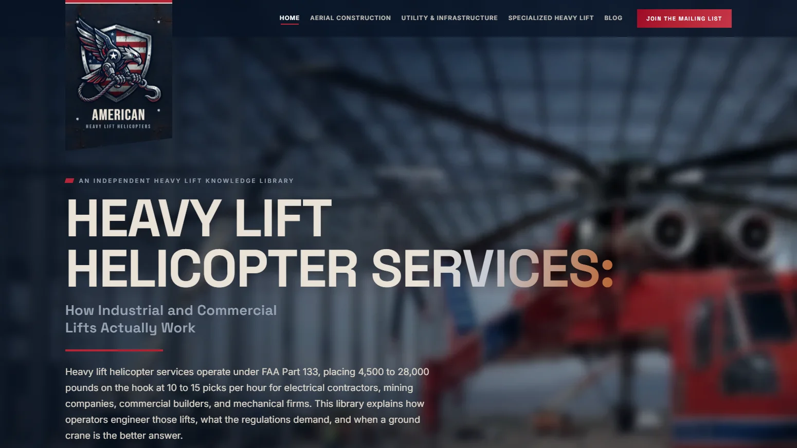 American Heavy Lift Helicopters The masthead: A riveted steel plate drops from the viewport top carrying the eagle shield, and the hero states the Part 133 facts up front