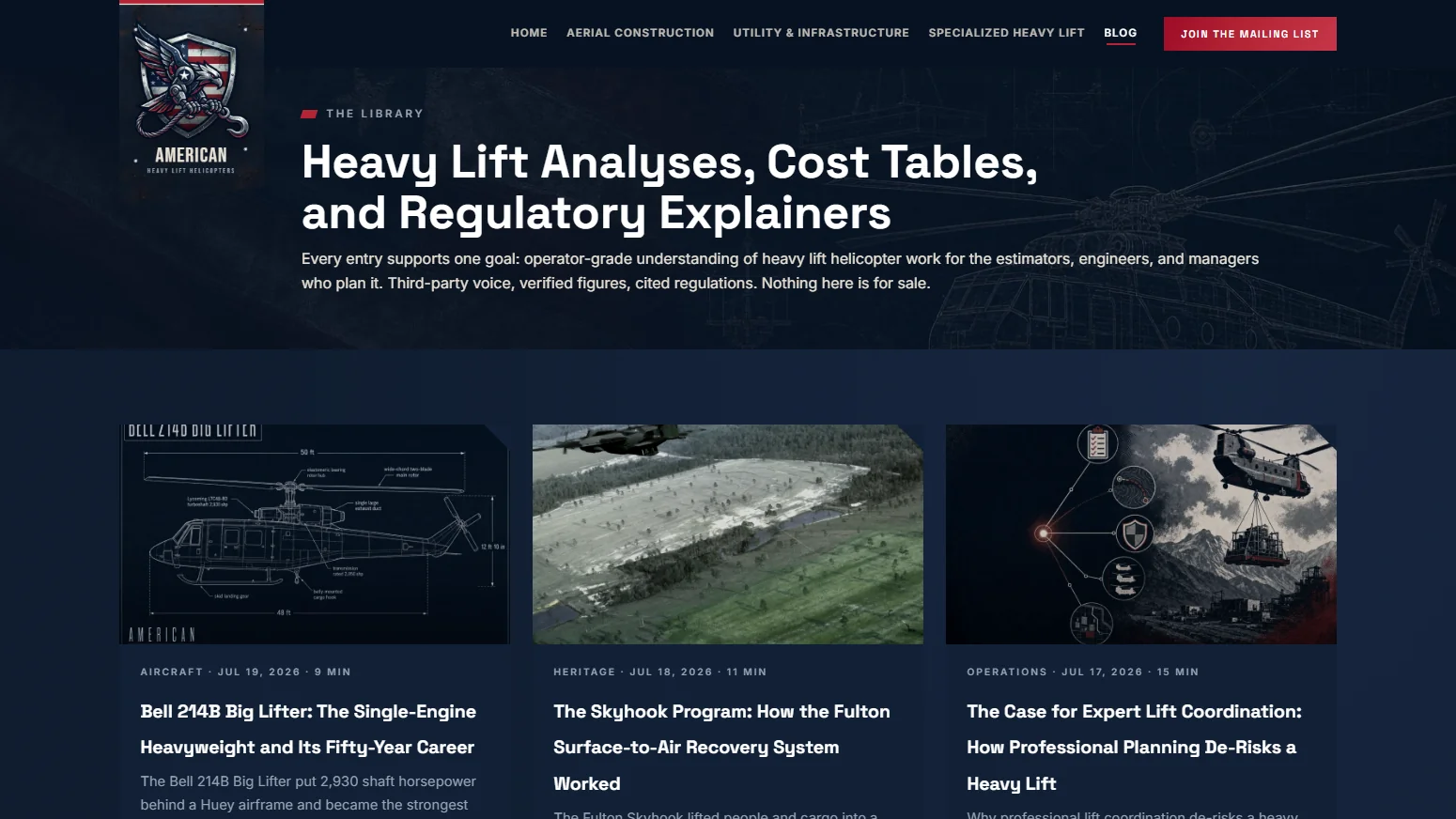 American Heavy Lift Helicopters The library: Aircraft profiles, cost tables, heritage programs, and regulatory explainers with categories, read times, and custom art per entry