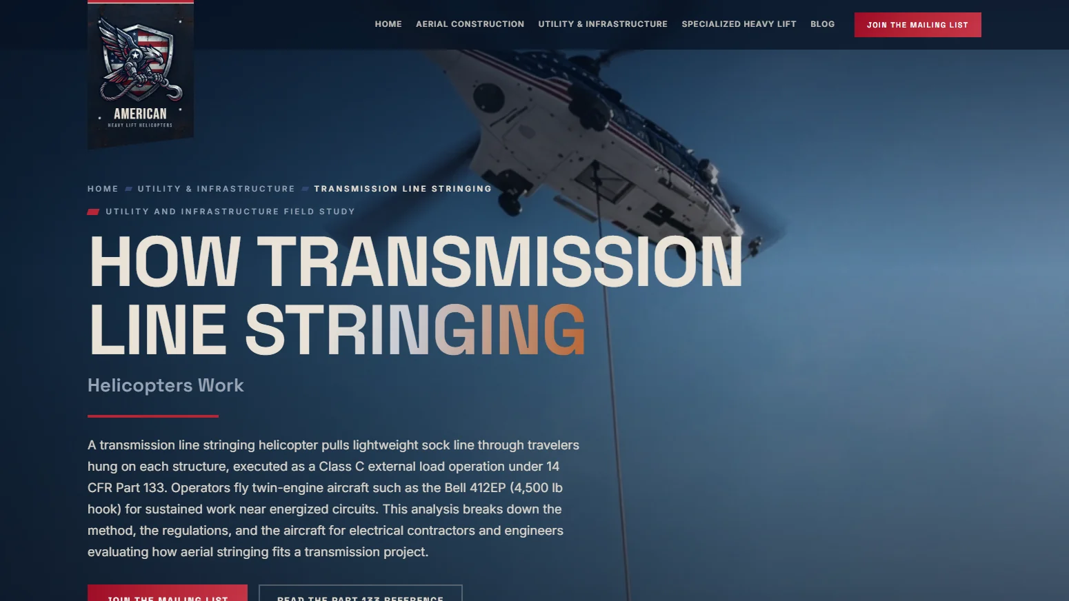 American Heavy Lift Helicopters Field study: Service pages read like field studies, from Class C external load rules to the aircraft electrical contractors actually see on wire jobs