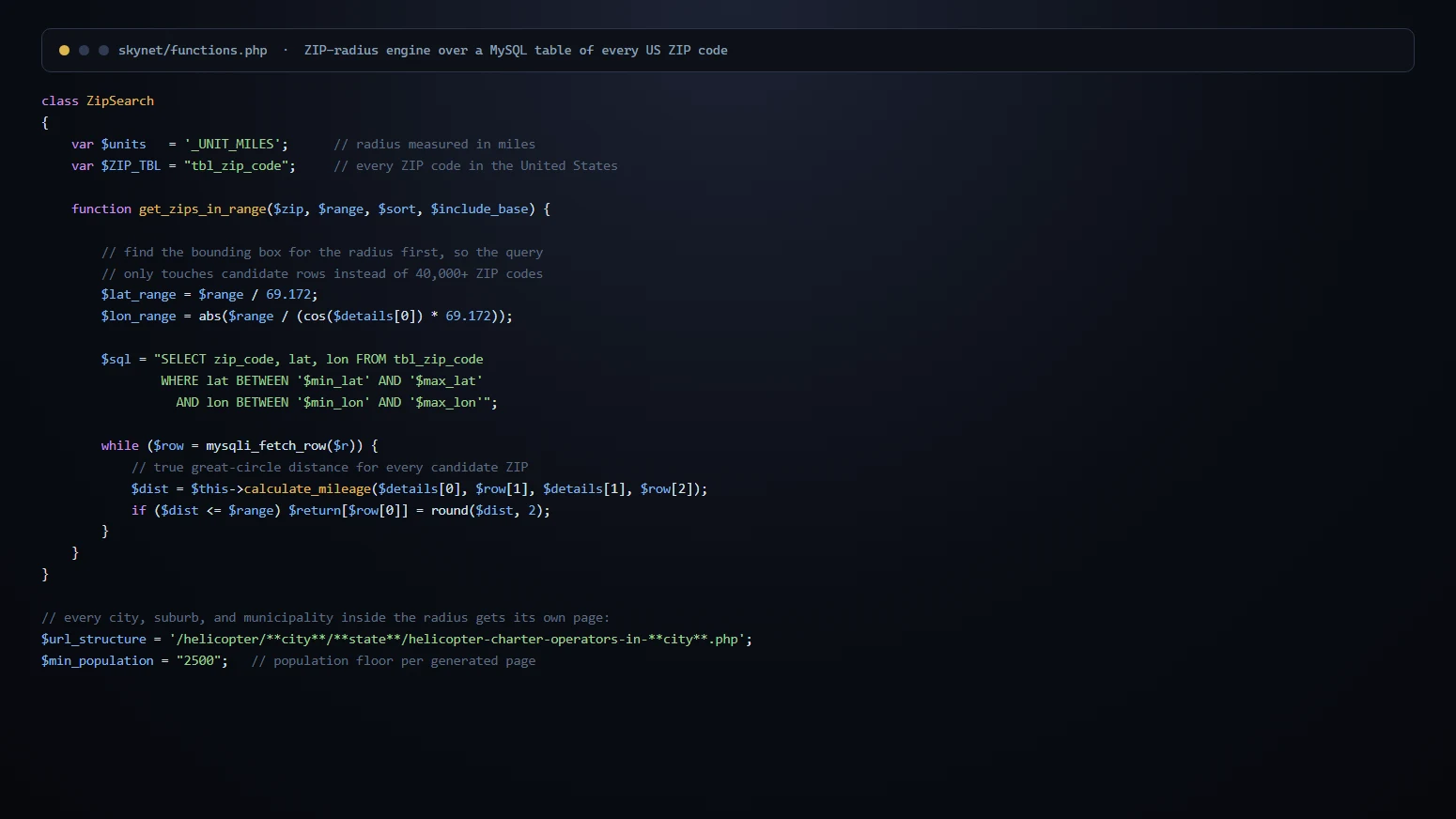 City network Skynet engine: The ZIP-radius PHP engine over a MySQL database of every US ZIP code