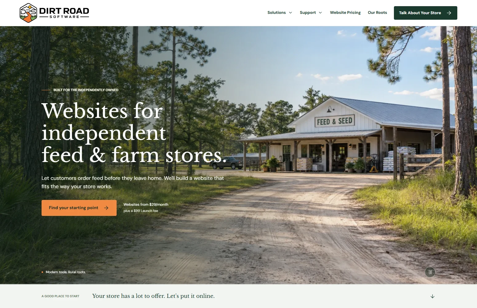 Dirt Road Software homepage with its road-to-store scene and website offer for independent feed and farm stores