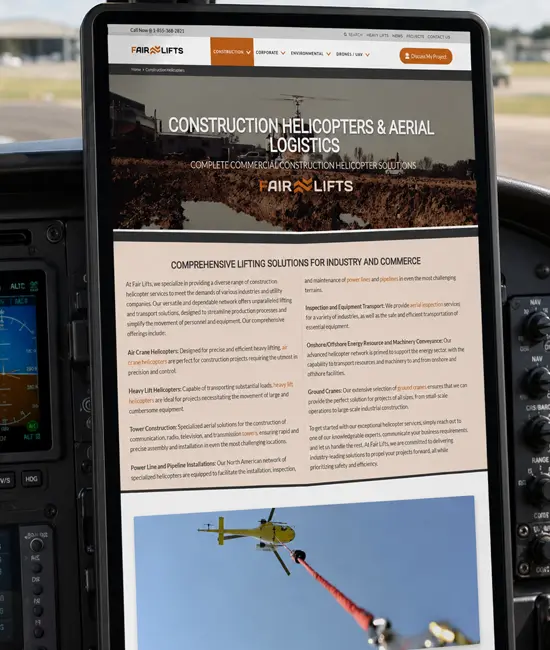 Fair Lifts construction helicopter services page displayed on a cockpit-mounted screen