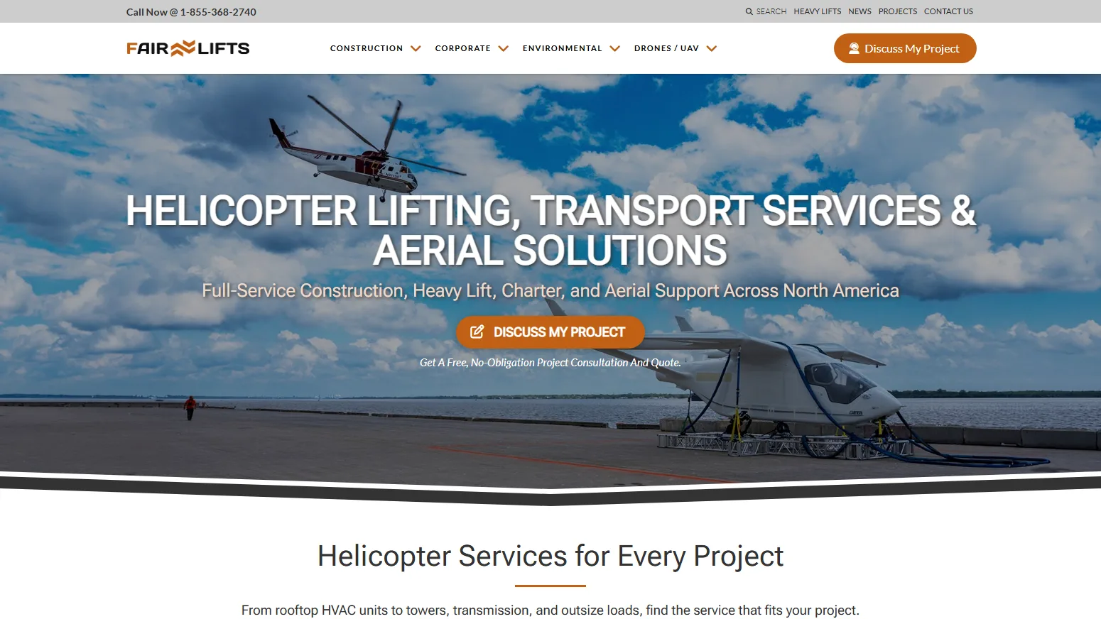 Fairlifts.com homepage: helicopter lifting, transport services and aerial solutions hero with a Discuss My Project call to action