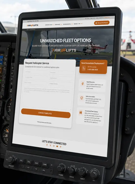 Fair Lifts helicopter service contact page displayed on a cockpit-mounted screen