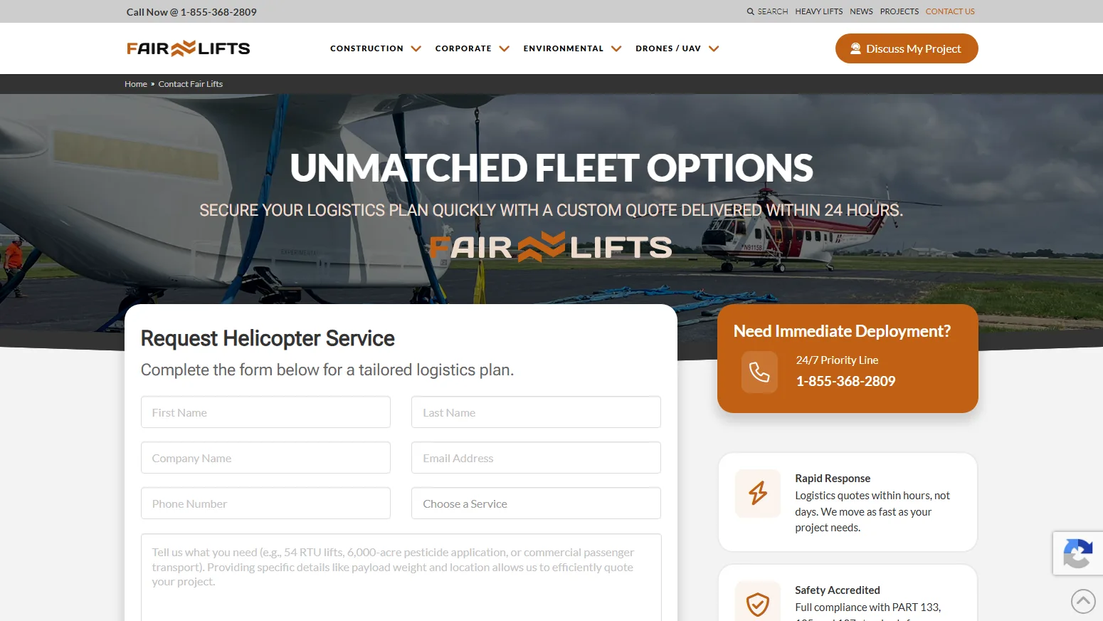 Fair Lifts quote request page with a multi-step helicopter service form and 24/7 priority line
