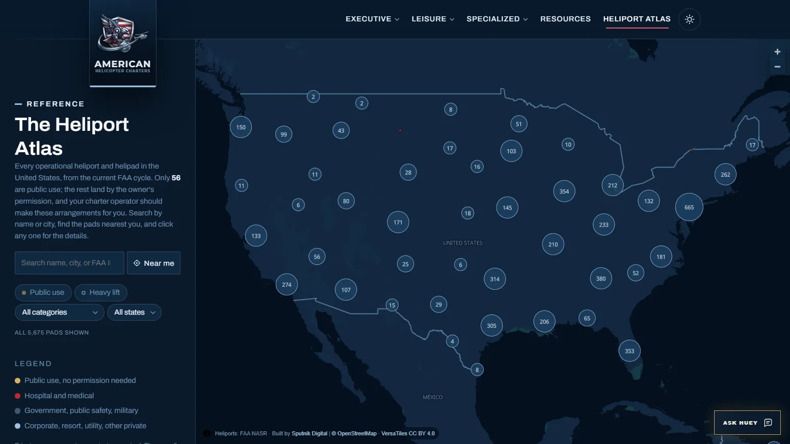 American Helicopter Charters The Heliport Atlas: Every operational United States heliport clusters on a brand-styled MapLibre basemap with search, near-me lookup, and category filters in the rail