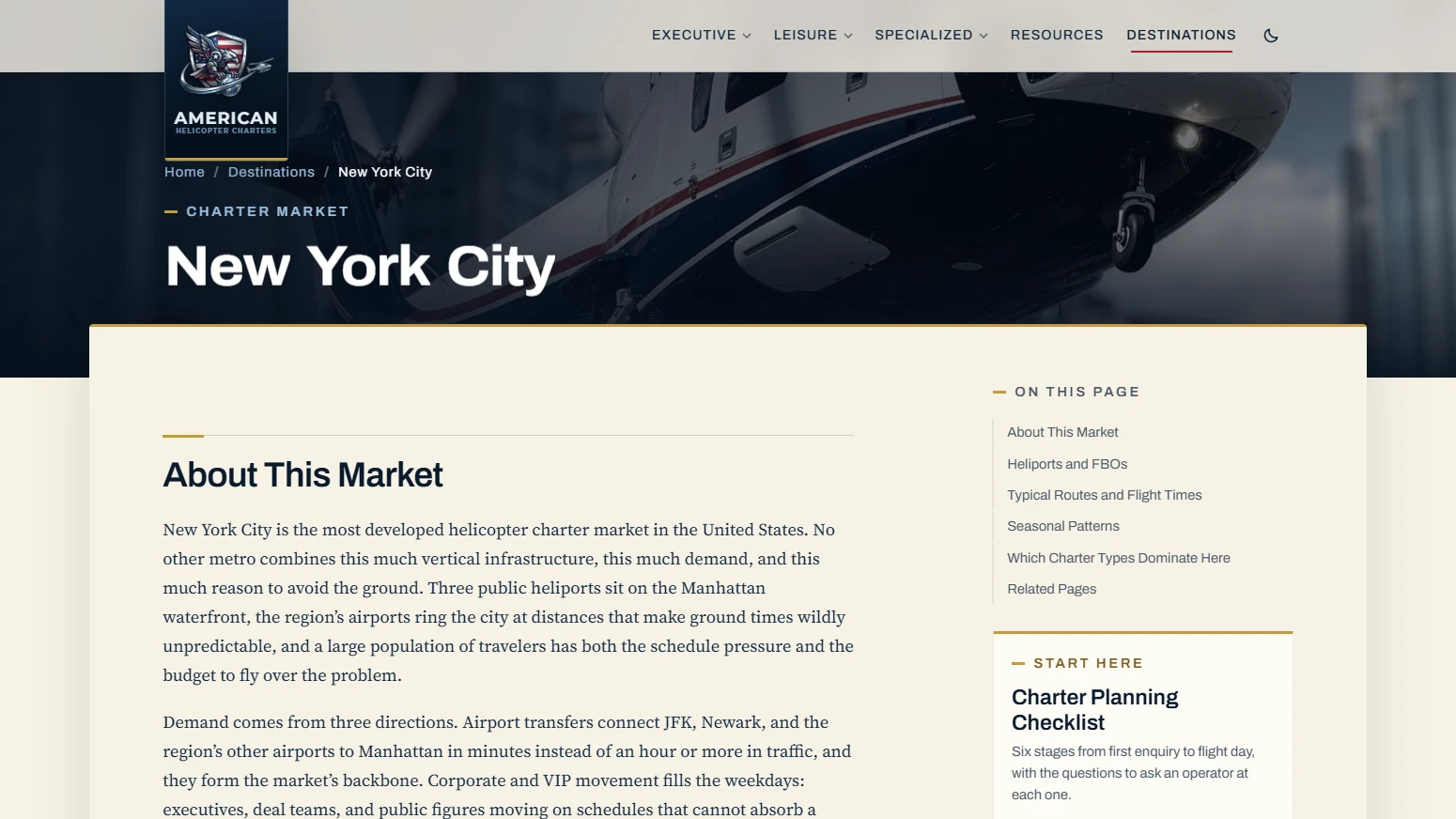 HelicopterCharters.us Destination system: Market pages pair destination-specific hero art with the same reusable article shell and contextual navigation