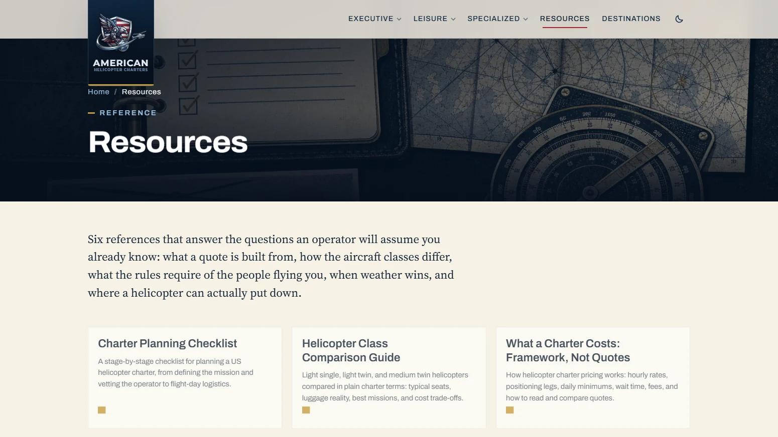 HelicopterCharters.us The resource hub: Six planning references branch from a visual directory with concise descriptions and a dedicated editorial reading surface