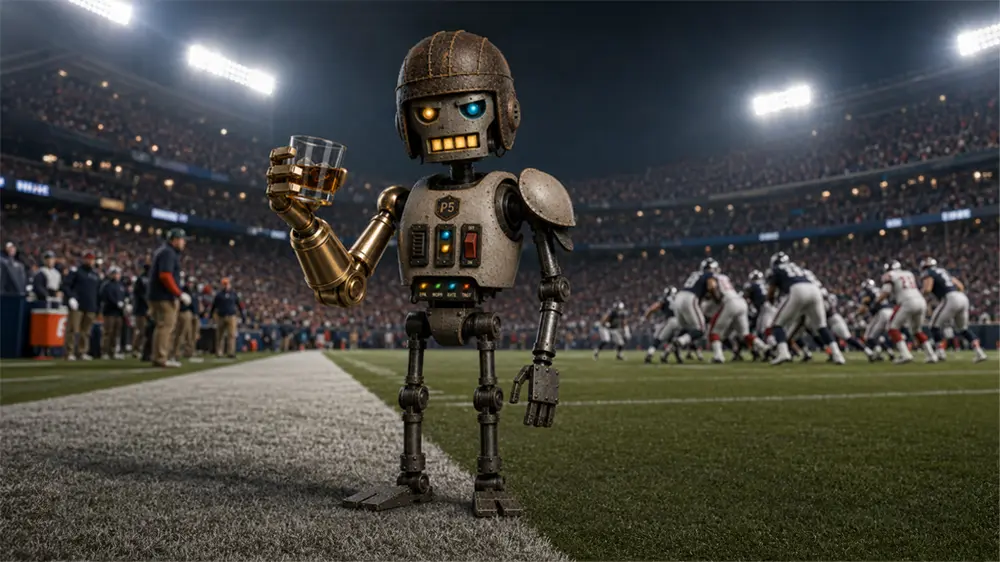 Retro football robot holding a glass on the sideline during a night game