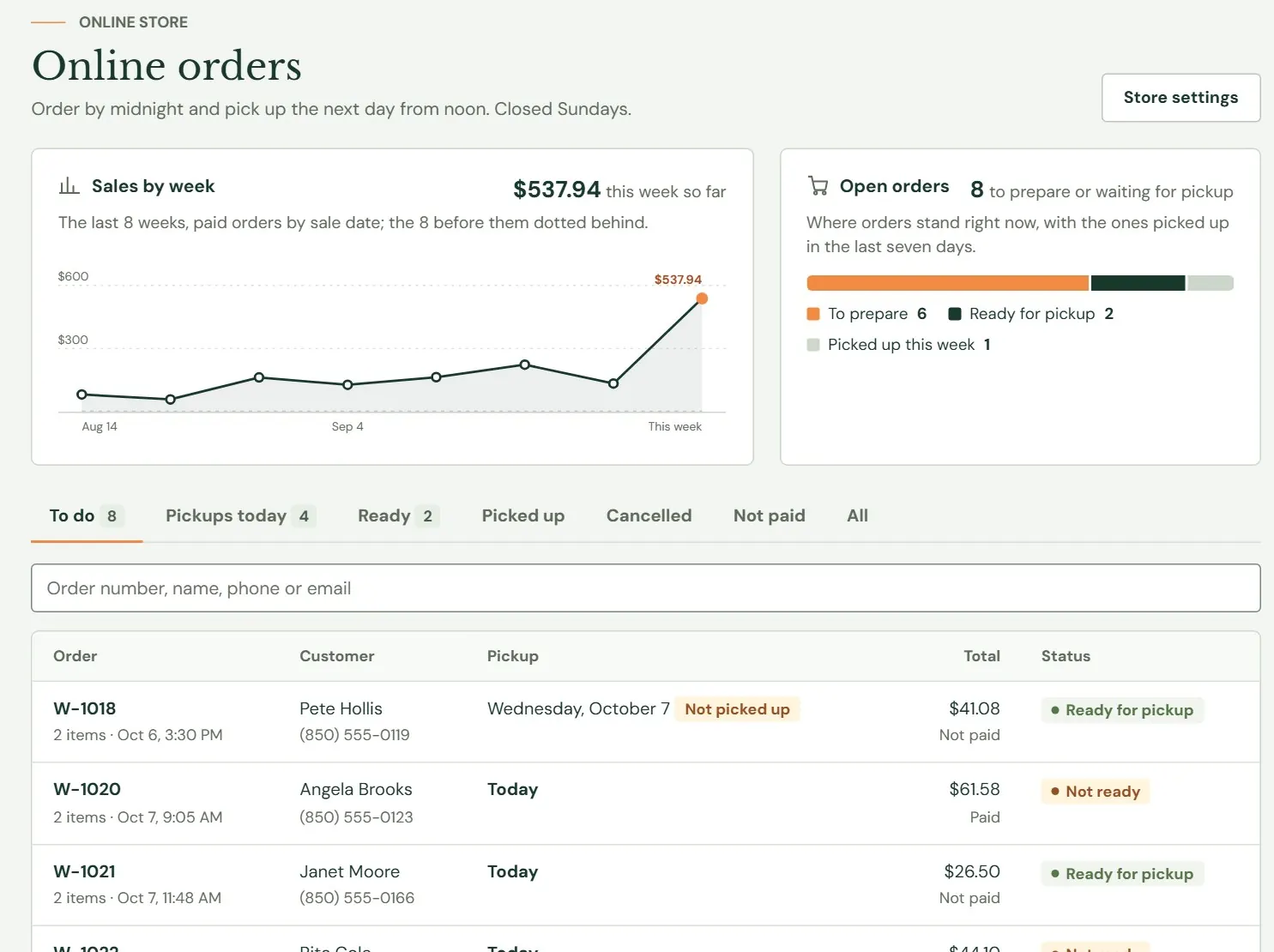 Roadside Online orders: An order list built for the store team.