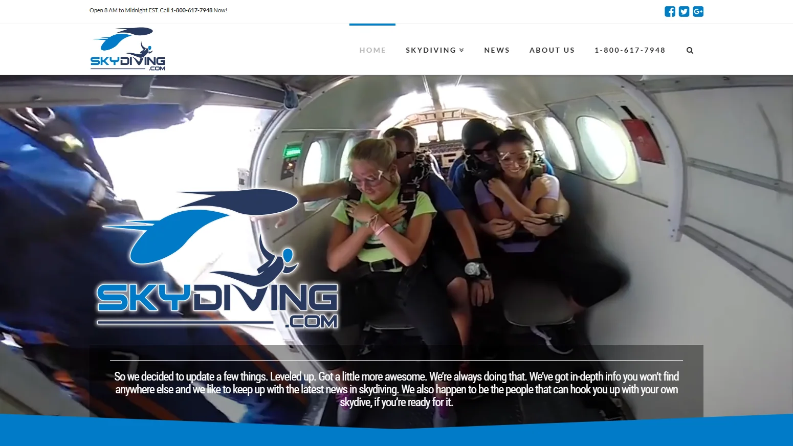 The Skydiving.com homepage in its January 2017 design, a full-width photo of tandem students in the aircraft