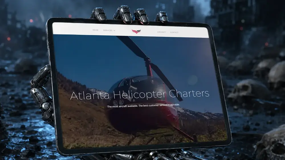 SKYNET helicopter charter website displayed on a tablet held by a robot