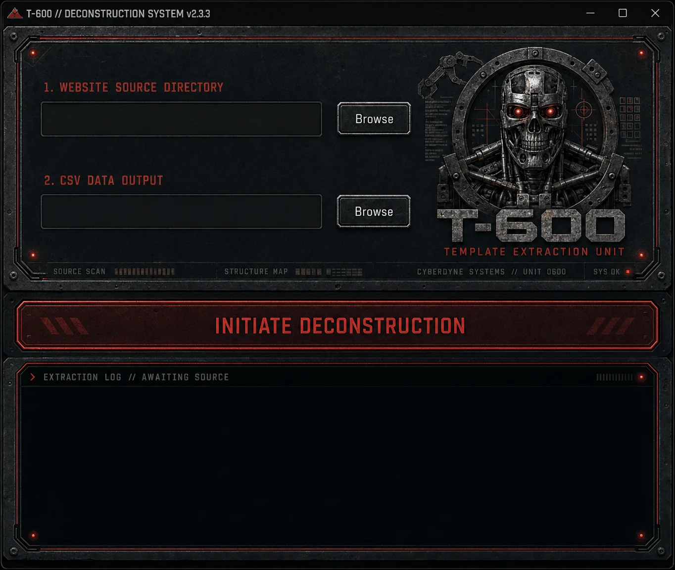 T-600 Template Extraction Unit desktop application with website source directory, CSV data output, and deconstruction controls