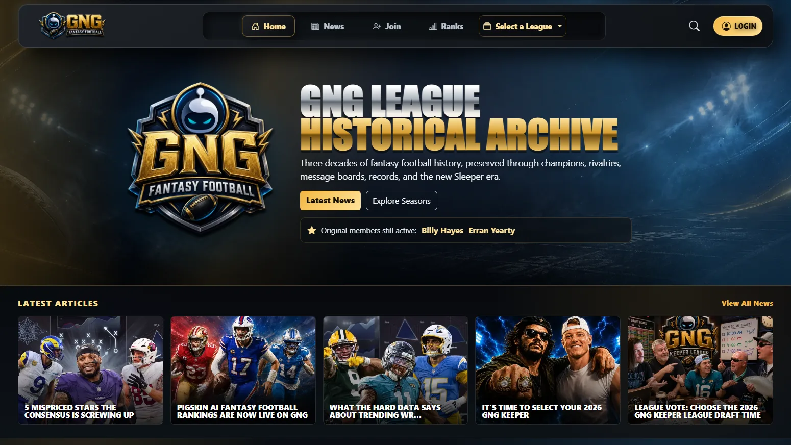 TheGNG.us homepage showing the GNG League Historical Archive hero and latest league news articles