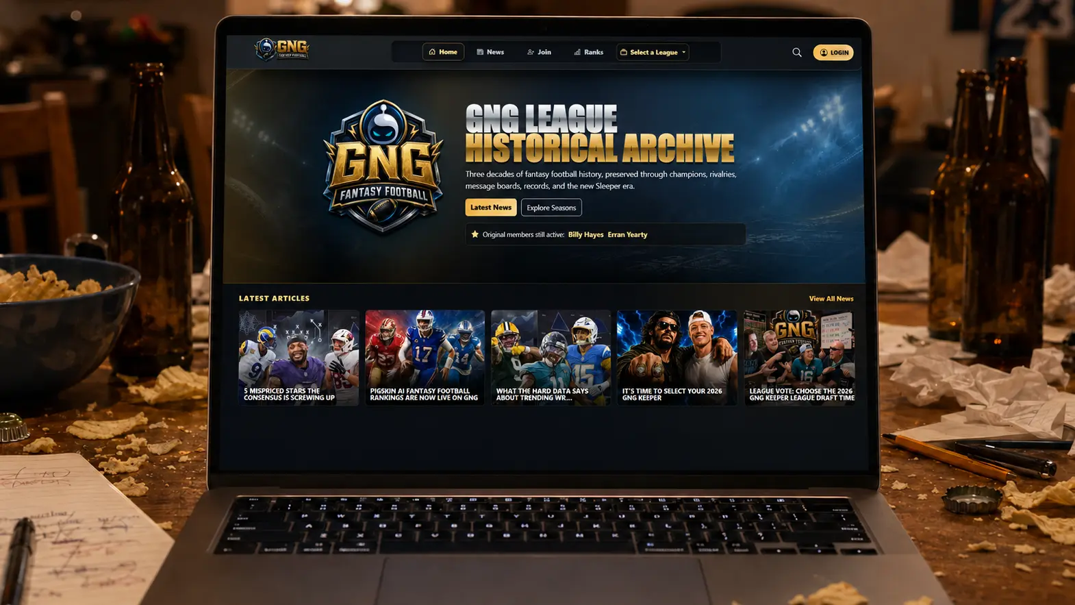 TheGNG.us historical fantasy football archive displayed on a laptop after game night