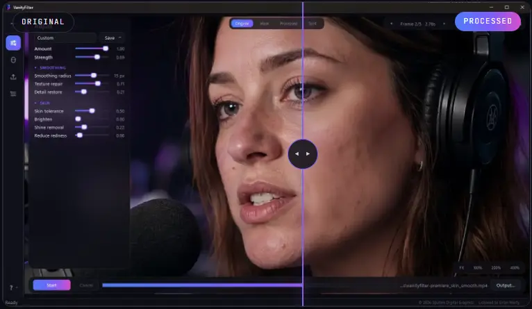 VanityFilter adjustment panel with amount, strength, smoothing, and skin sliders over a split original and processed view