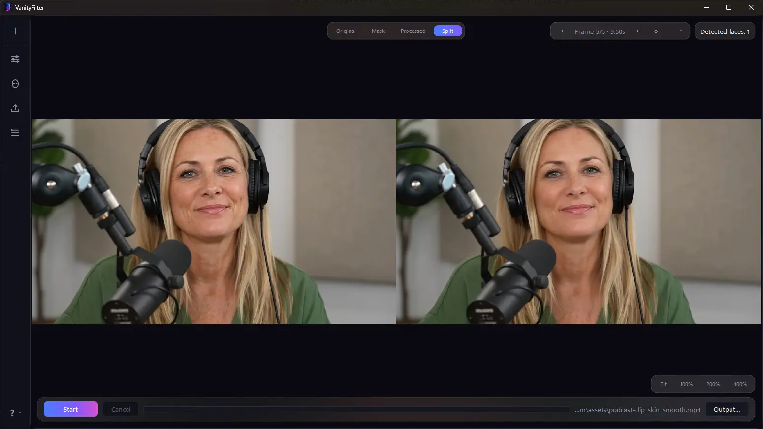 VanityFilter desktop application showing an original and smoothed video frame side by side