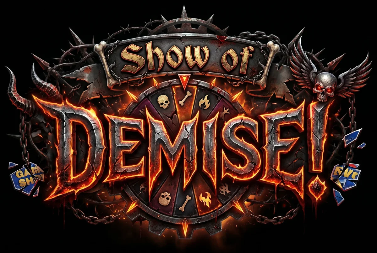 Show of Demise game logo: molten lettering on cracked metal, wrapped in barbed chain and spikes around a skull-motif wheel, with a winged skull crest