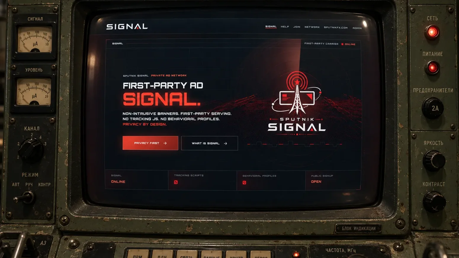 Sputnik Signal public network interface displayed inside a Soviet-era radar console