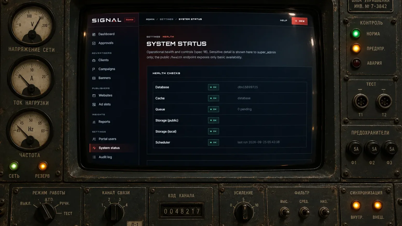 Sputnik Signal Operational health: The protected health view gives operators one place to confirm database, cache, queue, storage, and scheduler status