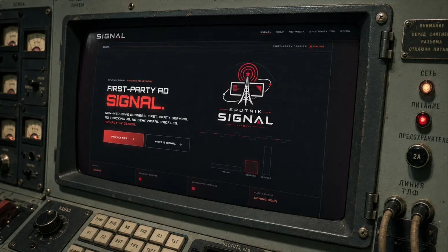 Sputnik Signal Network online: Sputnik Signal presents a clear privacy-first offer before routing advertisers and webmasters into the network