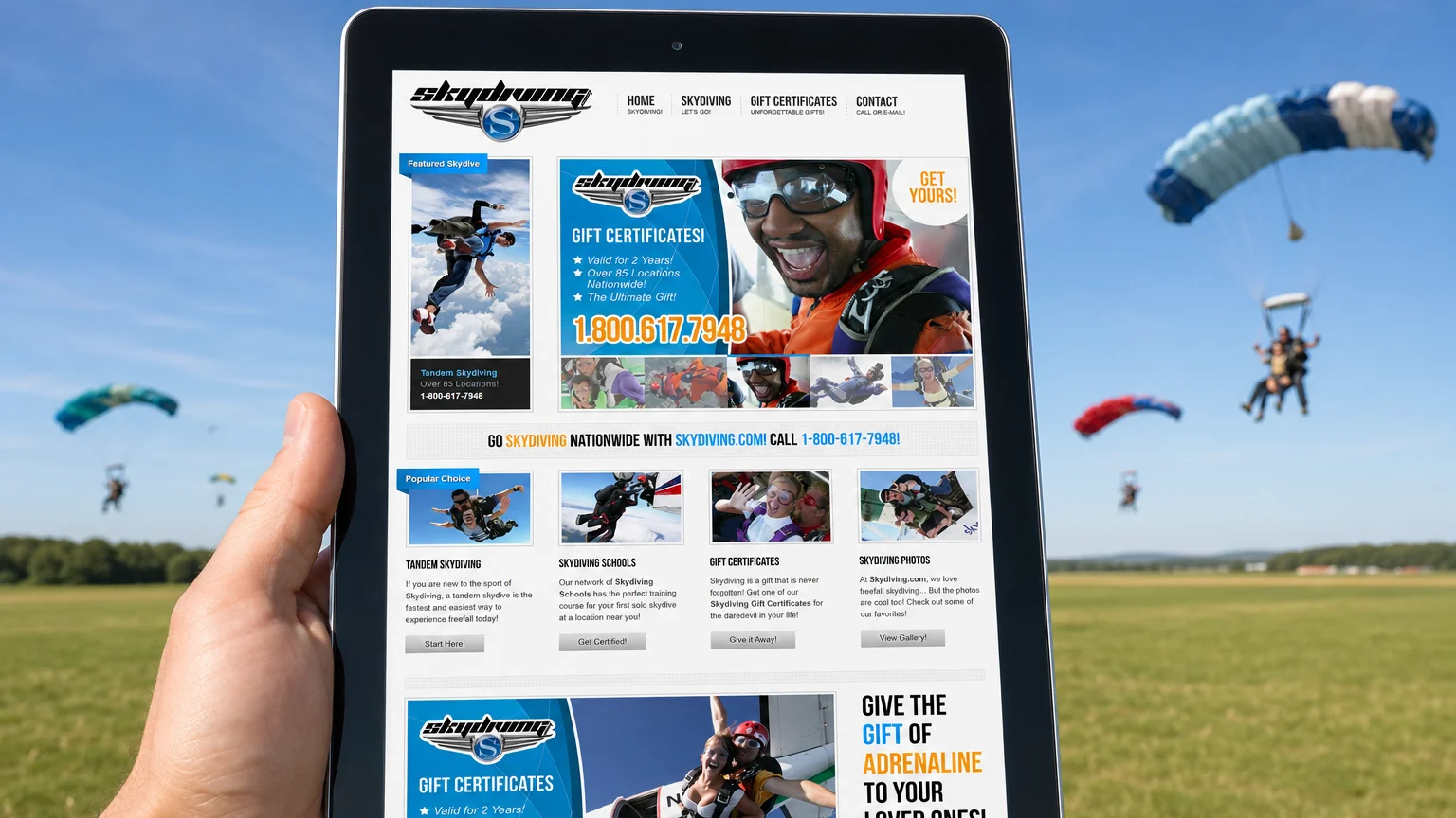 The skydiving.com site on a tablet in 2014, its earlier design running on the same network