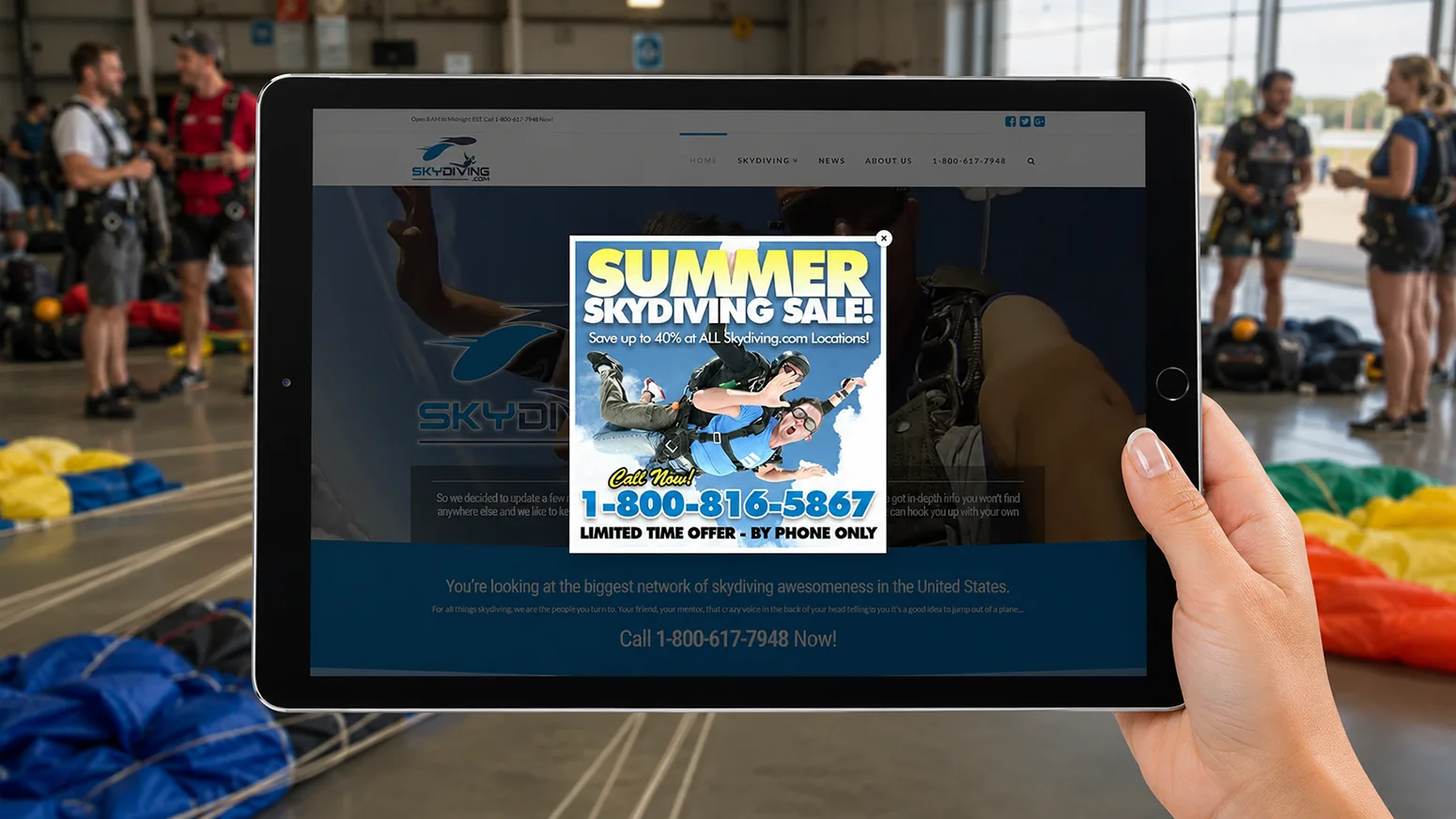 Skydiving.com Summer sale modal: A seasonal gift-certificate offer, closed by phone through the call center.