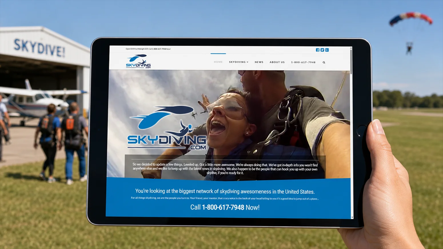 Skydiving.com Homepage, 2017: The video hero at the front of the national network.