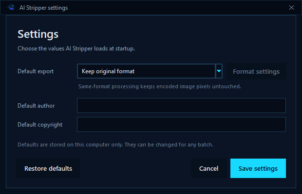 AI Stripper settings for default export, author, and copyright