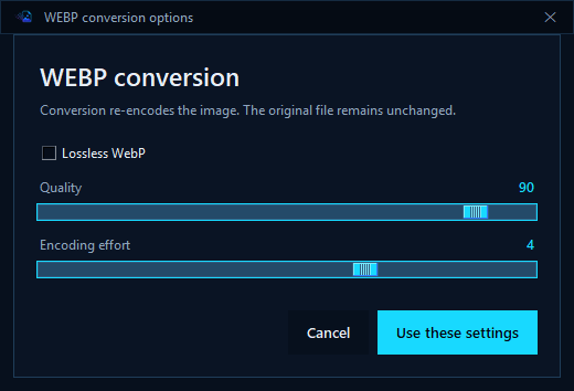 AI Stripper WebP options with lossless, quality, and encoding effort controls