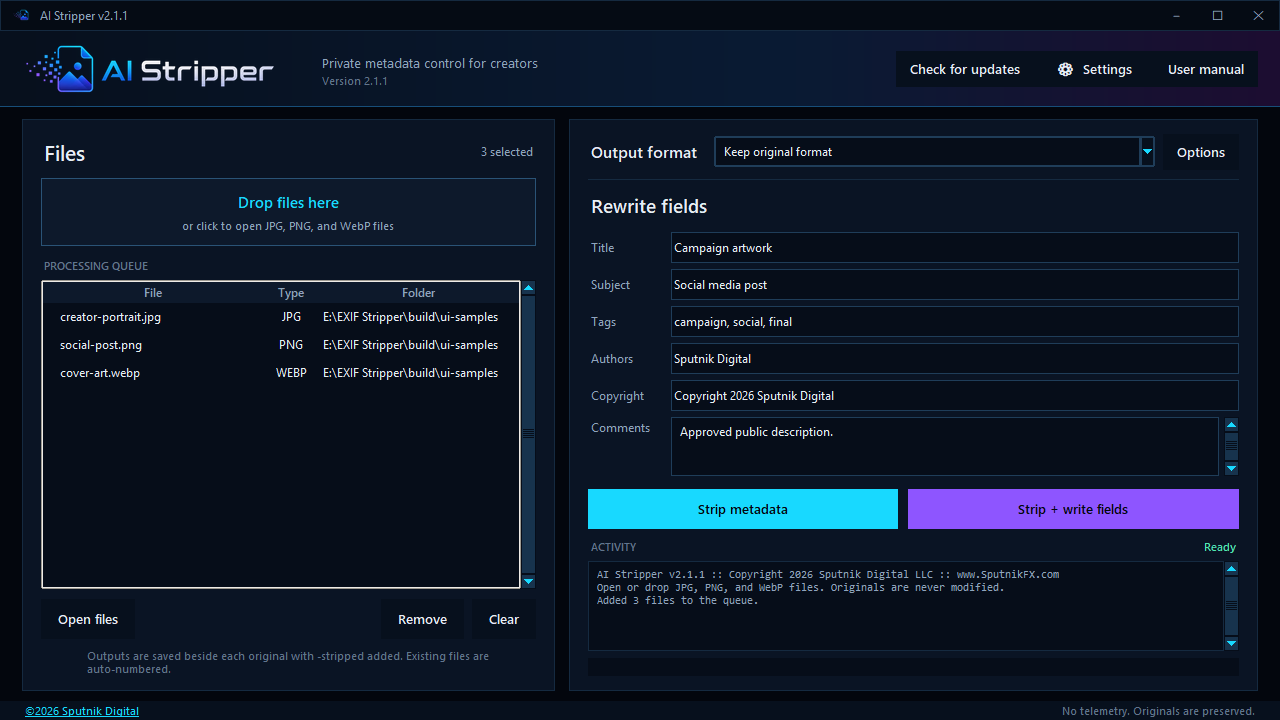 AI Stripper version 2.1.1 showing queued image files and metadata controls