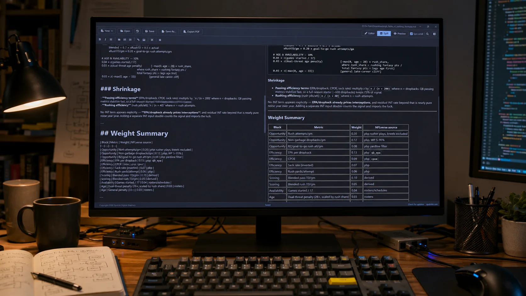 Sputnik Markdown Viewer showing a Markdown table source beside its formatted table preview