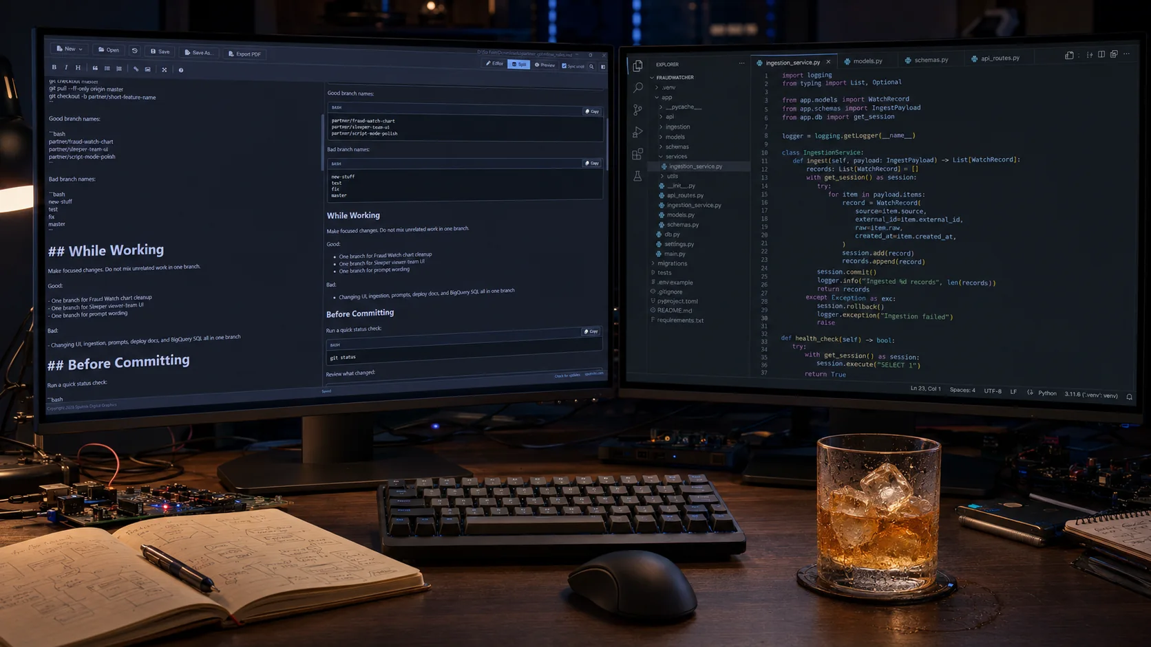 Sputnik Markdown Viewer running beside a code editor on a dual-monitor desktop workspace