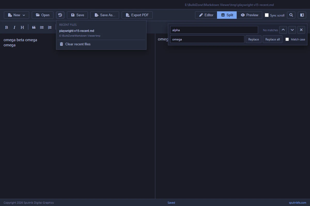 Sputnik Markdown Viewer showing recent files and find and replace controls