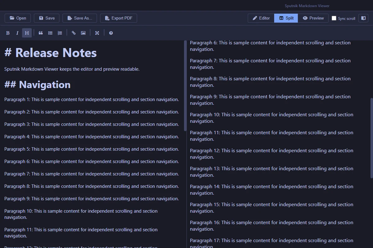 Sputnik Markdown Viewer displaying Markdown source beside the rendered preview