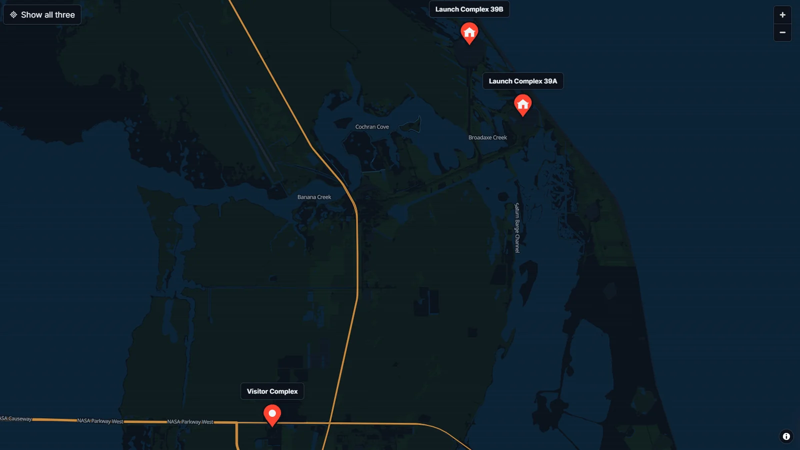 OpenPin map of Kennedy Space Center in a dark navy theme with red pins on three launch sites