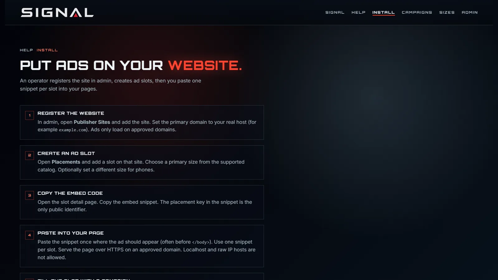 Sputnik Signal installation guide explaining how a webmaster registers a site and places the embed code