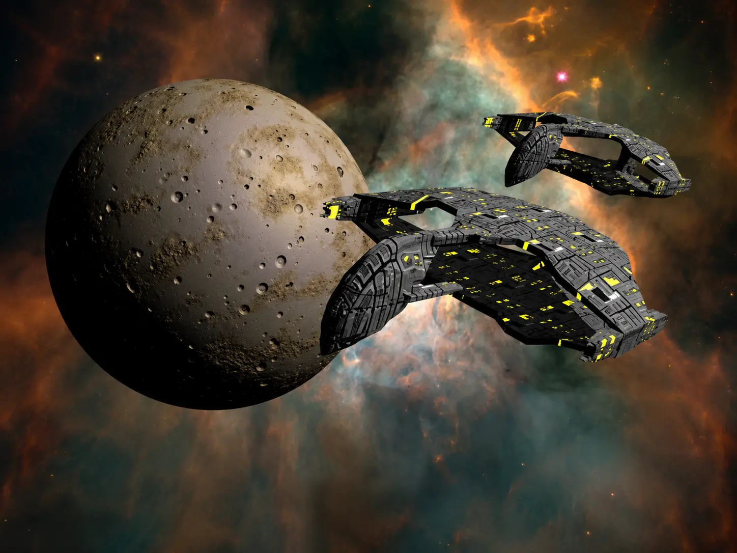 Bryce 3D render from 1998: capital ships passing a cratered moon against a burning orange nebula