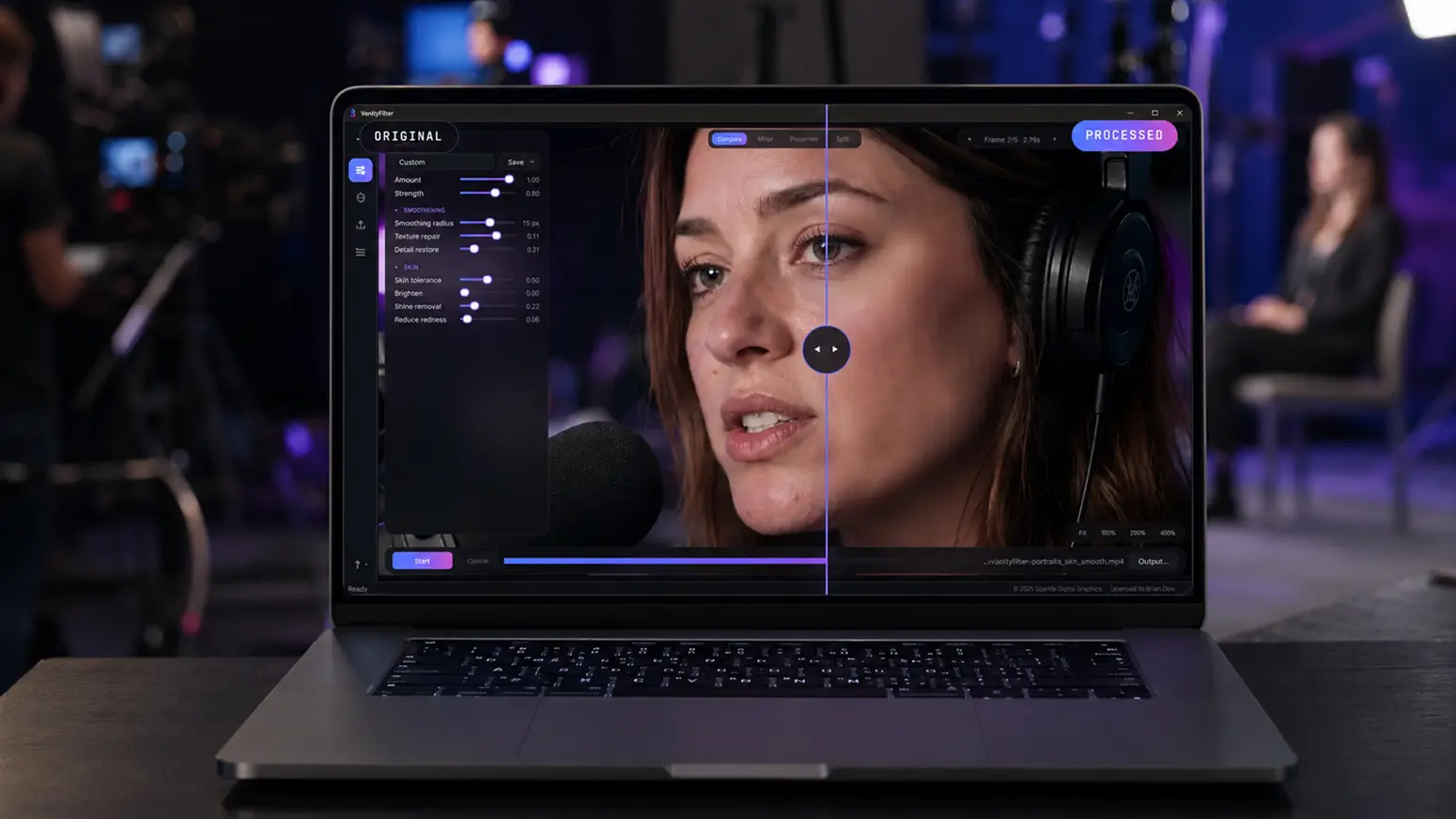 VanityFilter showing an original and processed video portrait side by side on a laptop